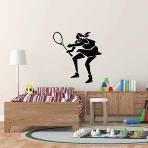 Black tennis player wall vinyl decal with racket, silhouette shape
