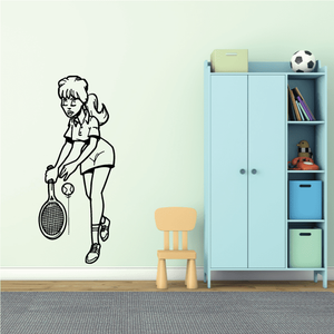 Tennis wall decal vinyl sticker of girl holding tennis racket, black outline