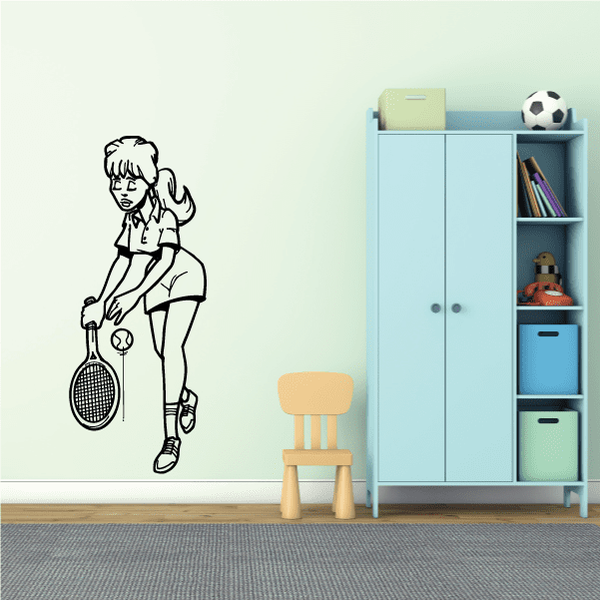 Tennis wall decal vinyl sticker of girl holding tennis racket, black outline