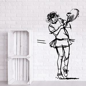 Tennis player wall decal in black, holding a racket in a swing pose