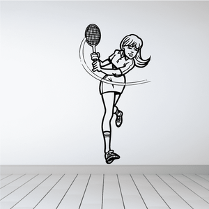Tennis player wall decal vinyl, line-art of woman holding tennis racket