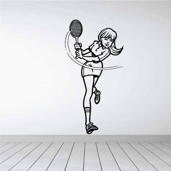 Tennis player wall decal vinyl, line-art of woman holding tennis racket