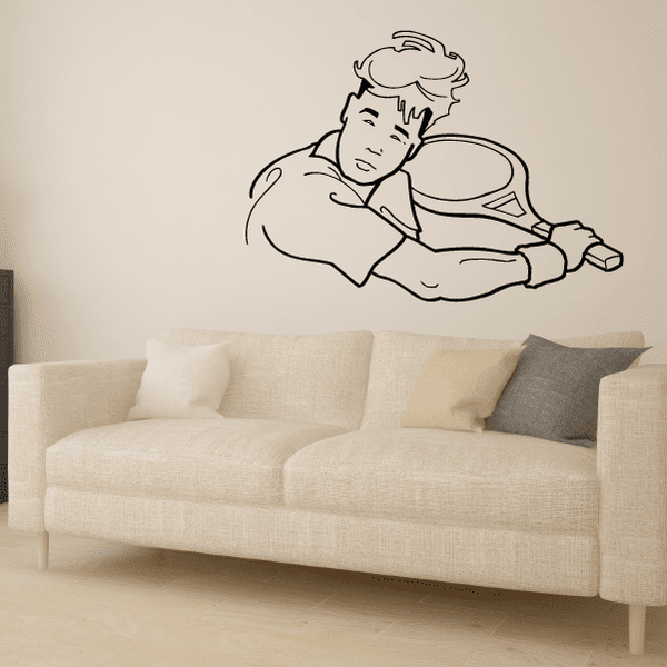 Black line tennis player wall decal vinyl, child serving pose