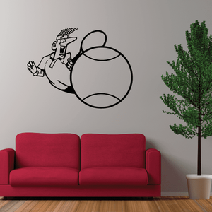 Tennis wall decal featuring a black line tennis player and large ball