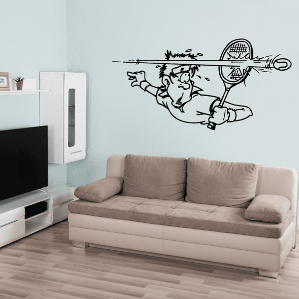Tennis wall decal with black racket-swinging player silhouette and ball outline.