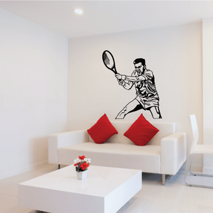 Tennis wall decal vinyl showing a black tennis player holding a racket