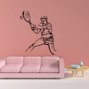 Tennis wall decal of cartoon tennis player holding racket, black outline