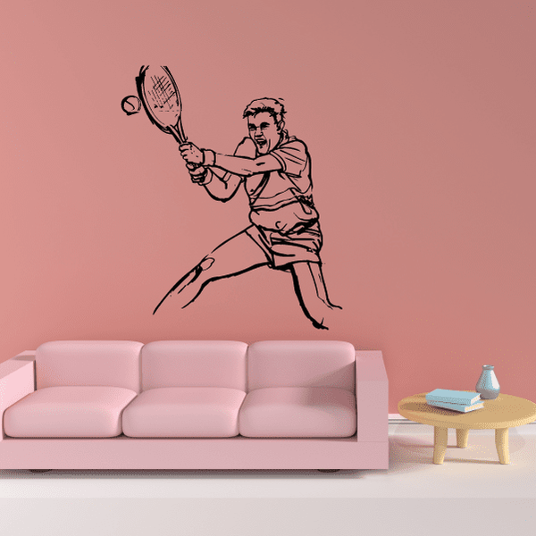 Tennis wall decal of cartoon tennis player holding racket, black outline