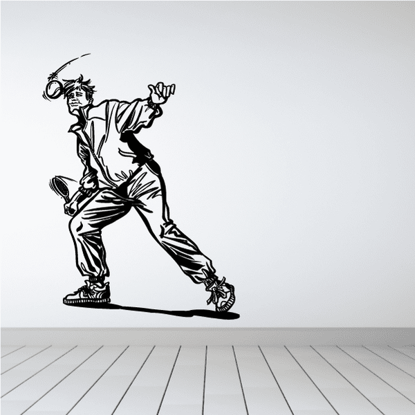 Tennis wall decal of a black-outlined tennis player with racket and ball