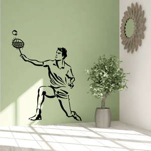 Black tennis wall decal featuring a silhouette of a player holding a tennis racket