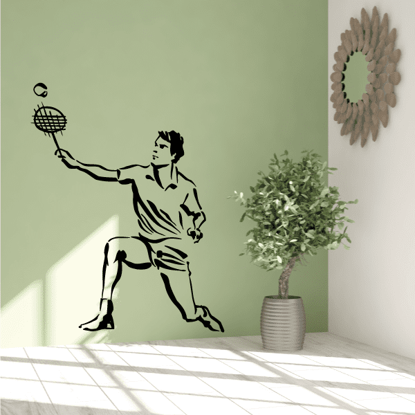 Black tennis wall decal featuring a silhouette of a player holding a tennis racket