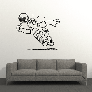 Cartoon tennis player wall decal holding a racket and running