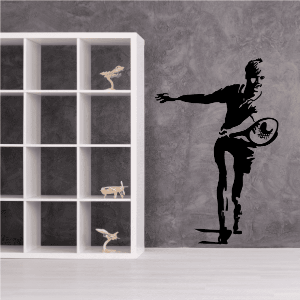 Black tennis player wall decal silhouette holding racket, vinyl