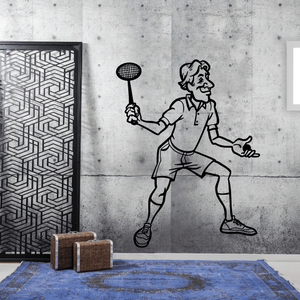 Tennis player wall decal vinyl sticker, black outline figure holding racket.