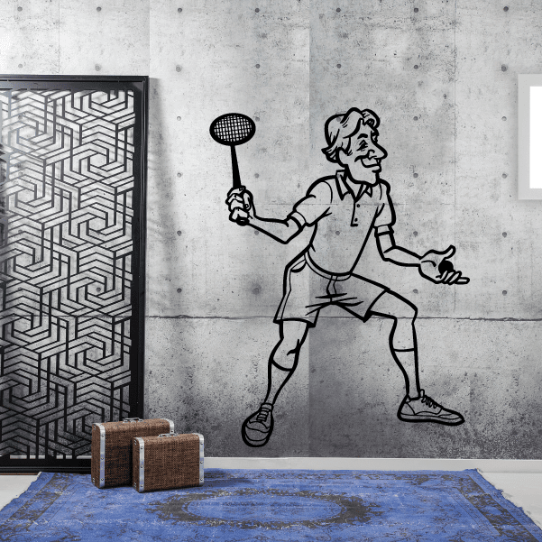 Tennis player wall decal vinyl sticker, black outline figure holding racket.