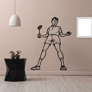 Tennis wall decal of a cartoon player holding a racket, black outline