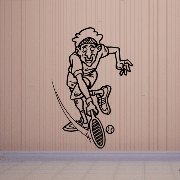 Tennis wall decal of cartoon player swinging a racket with a tennis ball