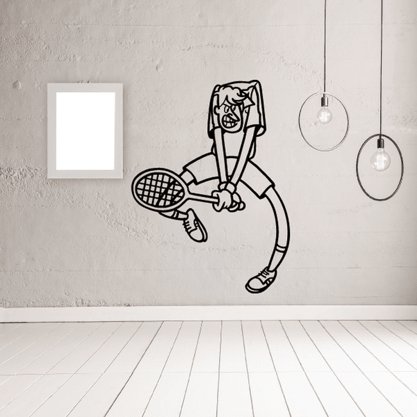 Tennis wall decal of a cartoon racket player holding a tennis racket in black outline