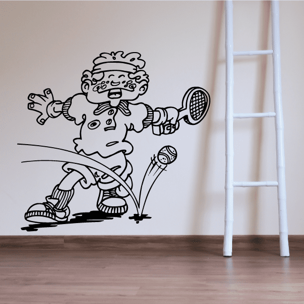 Tennis wall decal vinyl sticker of a cartoon tennis player holding a racket and ball