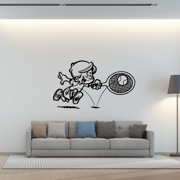 Tennis wall decal of cartoon girl holding a racket with a ball graphic