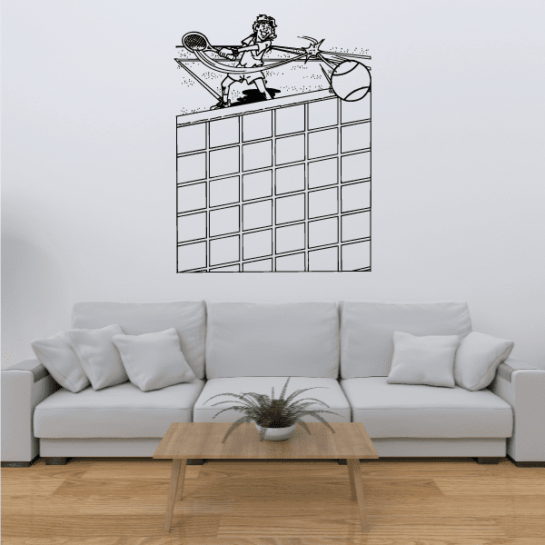 Tennis wall decal of a player holding tennis racket, black line art