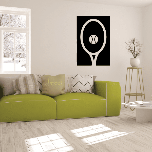Tennis wall decal in black with white tennis ball and racket outline