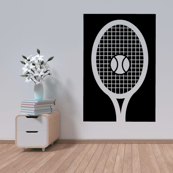 Tennis racket wall decal with tennis ball and net pattern, white on dark oval frame