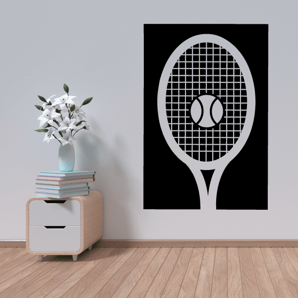 Tennis racket wall decal with tennis ball and net pattern, white on dark oval frame
