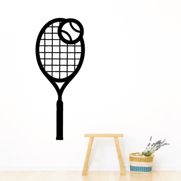 Tennis racket wall decal with ball and grid design, black outline