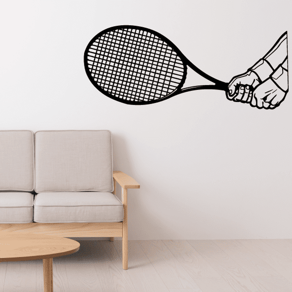 Tennis wall decal with black tennis racket and hand holding grip