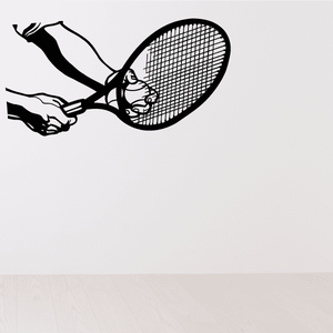 Tennis racket wall decal with ball, black vinyl design