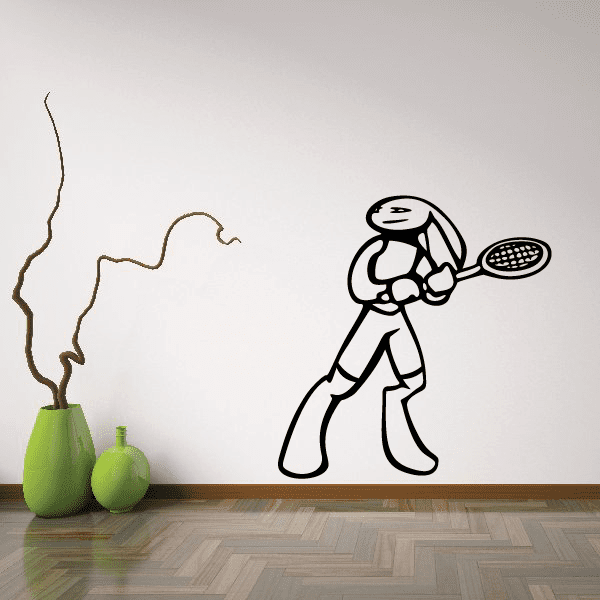 Tennis player wall decal in black line art holding a tennis racket