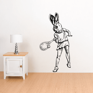Tennis rabbit wall decal, vinyl silhouette of a bunny holding a racket