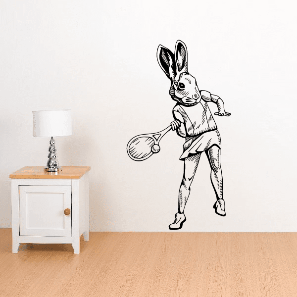 Tennis rabbit wall decal, vinyl silhouette of a bunny holding a racket