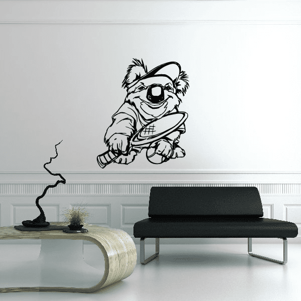 Vinyl tennis wall decal of cartoon astronaut dog holding a racket, black line art