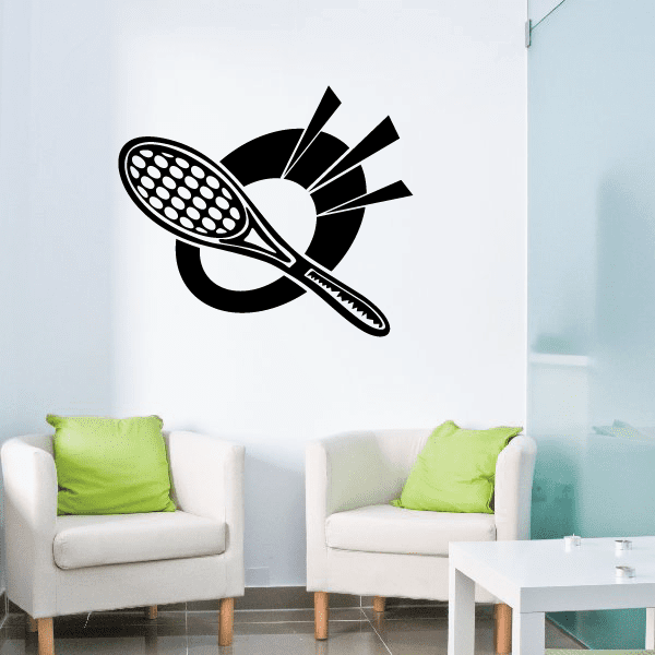 Black tennis wall decal with racket and tennis ball silhouette
