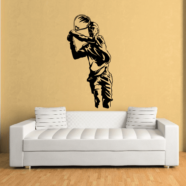 Tennis wall decal of black silhouette tennis player holding racket