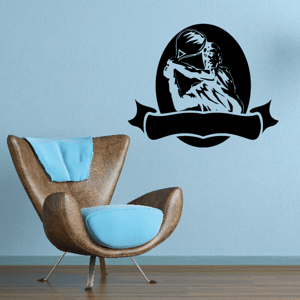 Tennis player wall decal vinyl, black graphic holding racket in badge