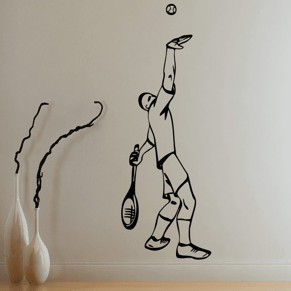 Tennis player wall decal with racket and ball, black silhouette