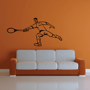 Vinyl tennis player wall decal, black outline figure holding a tennis racket