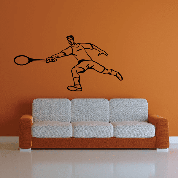 Vinyl tennis player wall decal, black outline figure holding a tennis racket