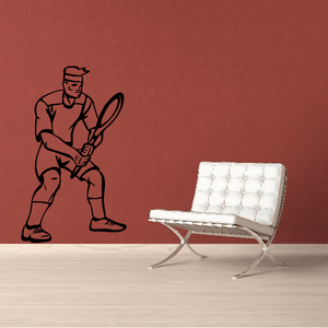 Tennis wall decal vinyl of a seated tennis player holding a racket, black outline