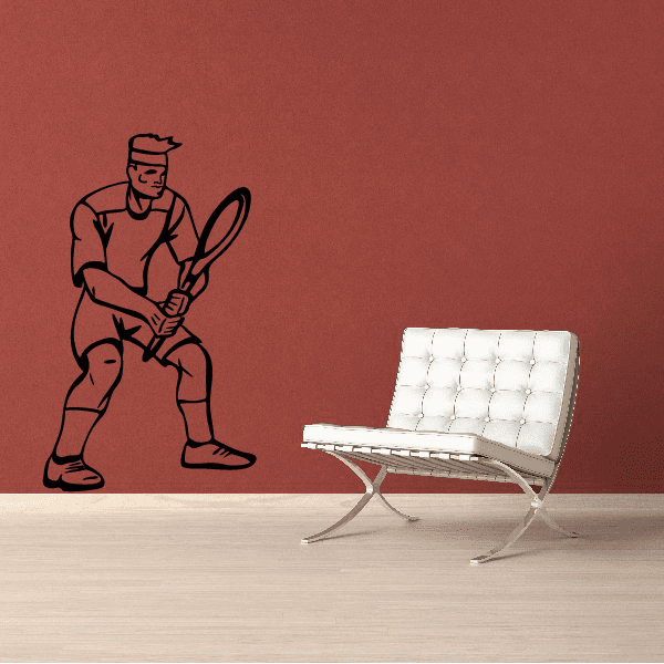 Tennis wall decal vinyl of a seated tennis player holding a racket, black outline