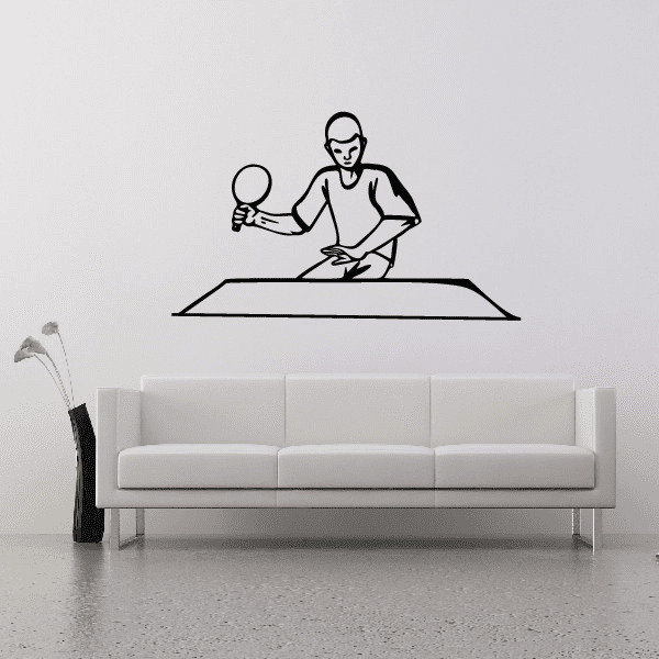 Tennis wall decal of a tennis player holding a racket, seated on court