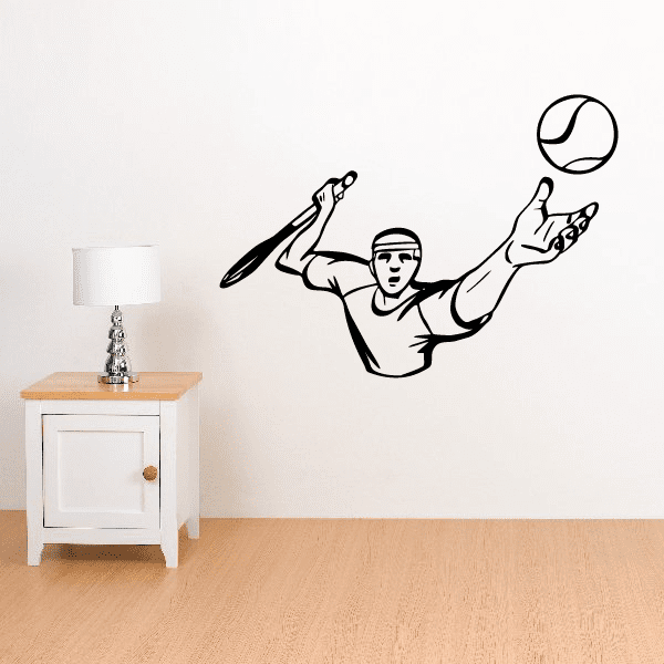 Tennis wall decal featuring a black tennis player with ball and racket