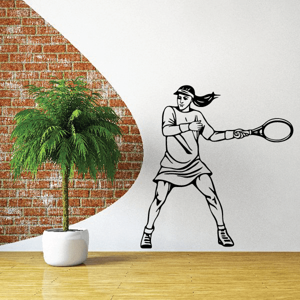 Tennis wall decal showing a tennis player holding a racket in a swing pose.