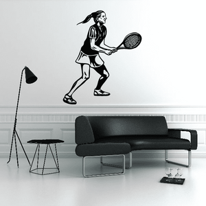 Tennis player wall decal, black vinyl silhouette holding a racket