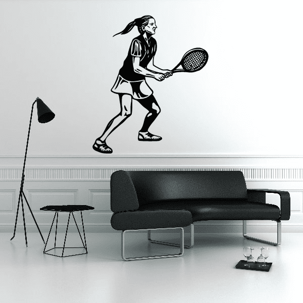 Tennis player wall decal, black vinyl silhouette holding a racket