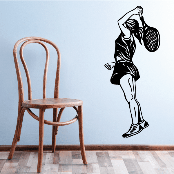 Tennis wall decal of black tennis player holding a racket