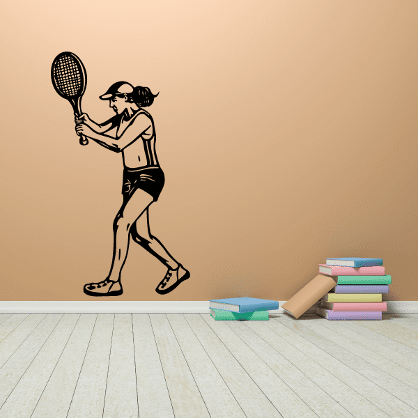 Tennis wall decal of a player holding a racket in black silhouette